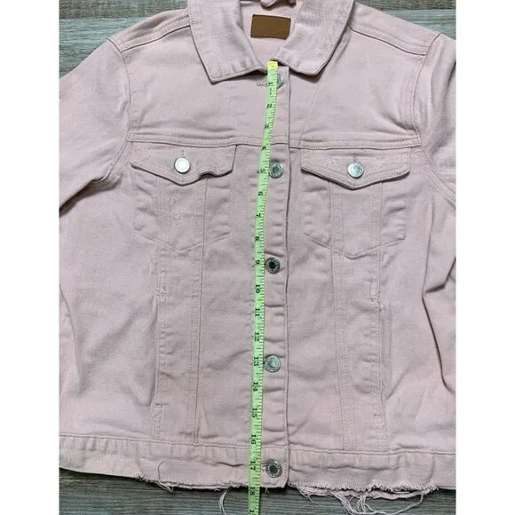 Judy Blue Womens Pink Denim Jacket Size S Distressed Hem Button Up Pockets - Picture 16 of 16